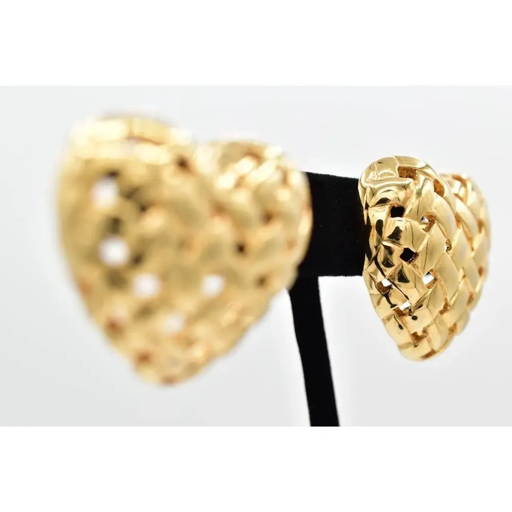 Vintage Big Weaved Heart Earrings Post Gold Tone Puffy Chunky Bold 1980s BinBK